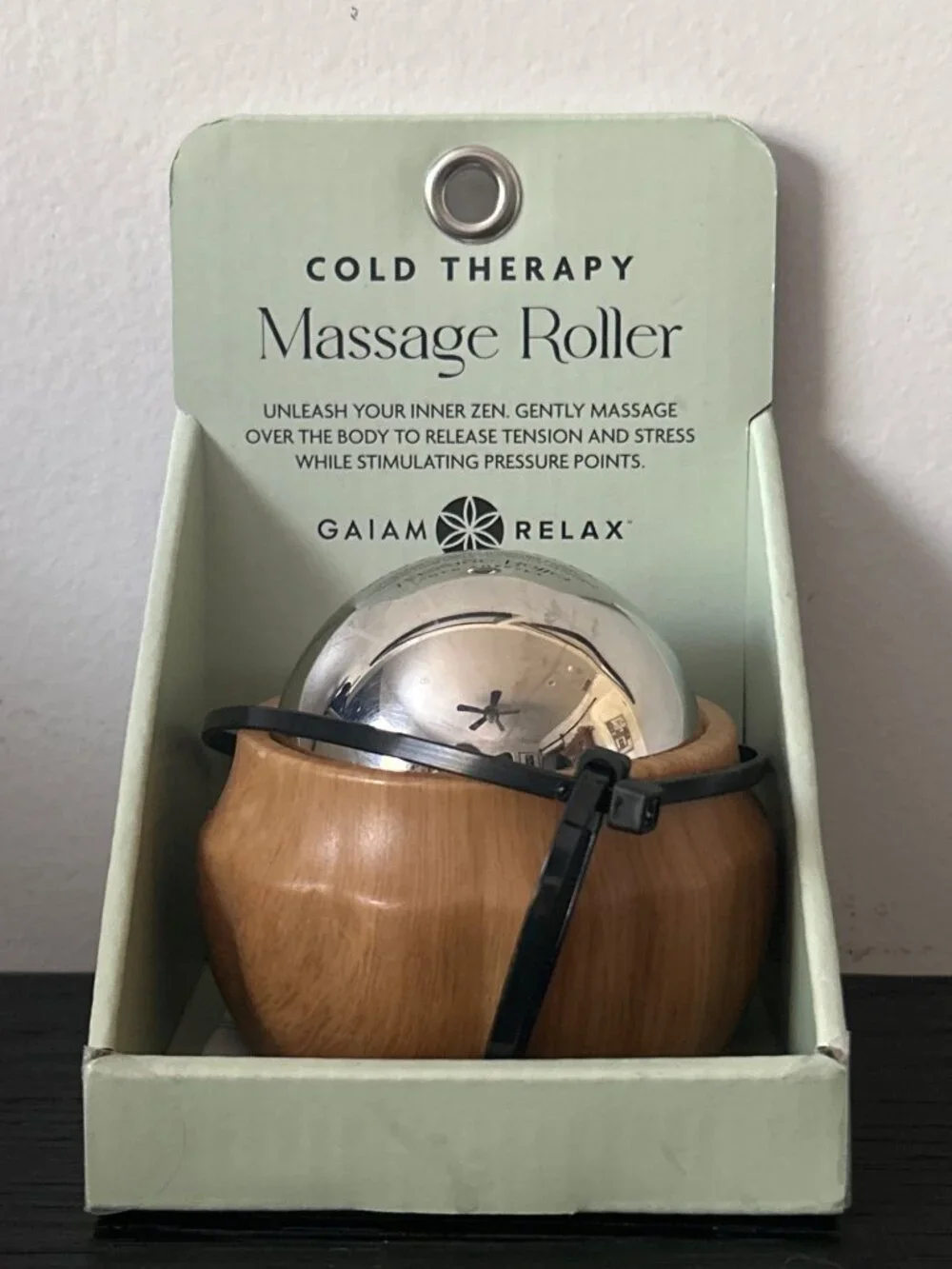 Gaiam Relax Cold Therapy Massage Roller Bamboo & Steel Design Stress Relief Tool